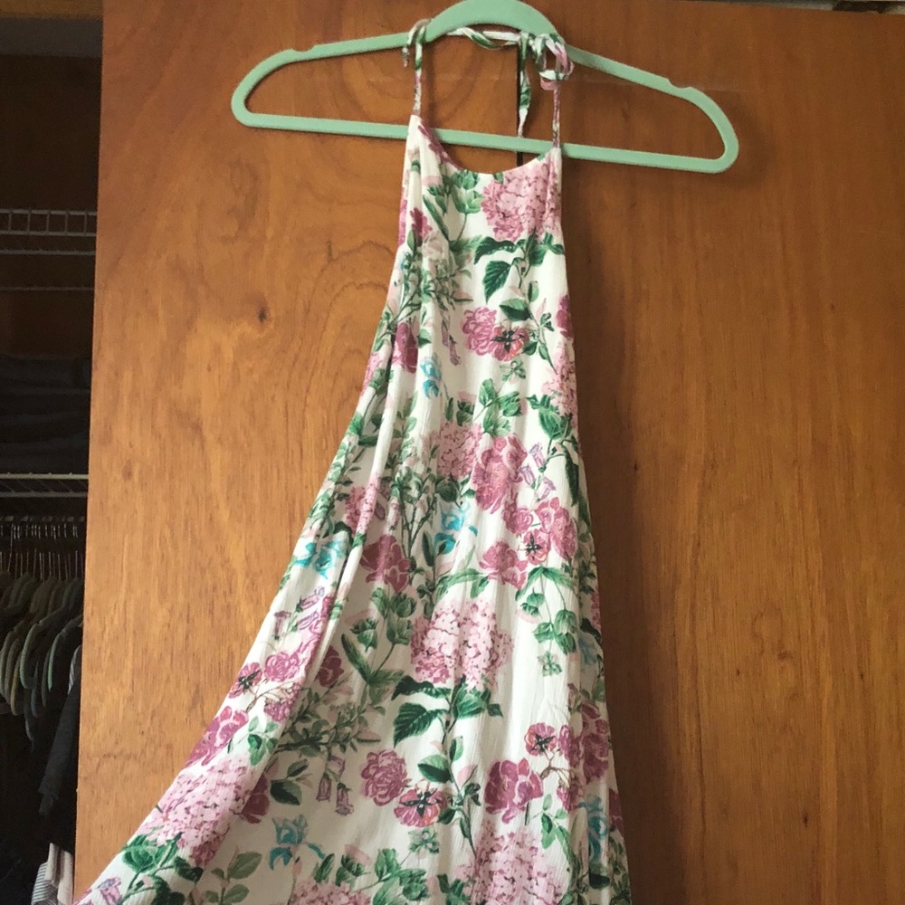 Show Me Your MuMu Cream Halter Mini Dress with Pink Floral and Green Leaves